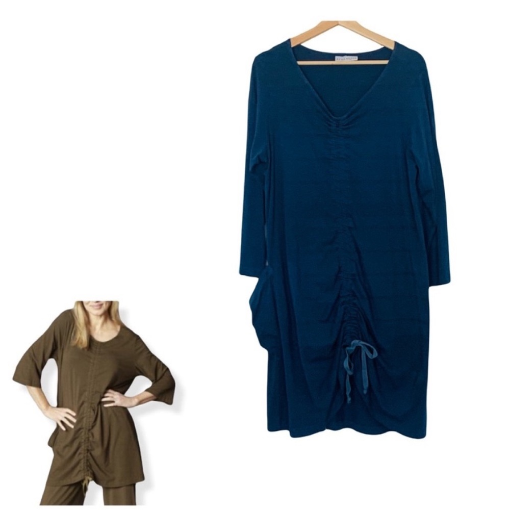Bryn Walker Top Josie Bamboo Cotton Ruched Tunic Blue 3/4 Sleeve Pockets Small